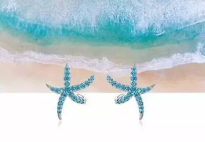 Starfish Stud 1Ct Round Cut Blue Topaz Push Back Earrings 14K White Gold Finish • $42