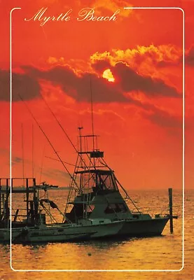 Postcard SC Myrtle Beach Fishing Boats Sunrise Nets Golden Sky Atlantic Ocean • $5.99