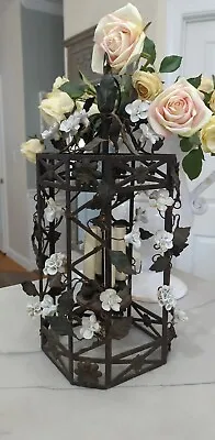 Vtg Italian Metal Light Fixture Porcelain Roses Chandelier Lamp Birdcage Flowers • $230