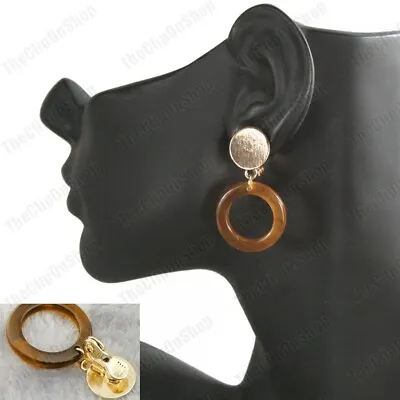 £2.99 • Buy RETRO Hoops EZ CLIP ON Tortoiseshell Amber Lucite HOOP EARRINGS Vintage Style
