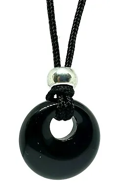 Obsidian Gemstone Donut Necklace Pendant Crystal Healing Chakra Stone Bead Cord  • £4.99