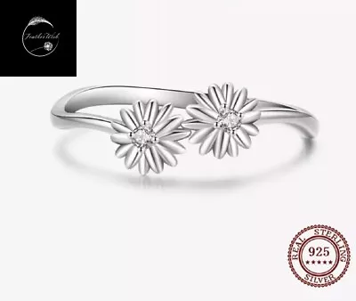 Genuine Sterling Silver 925 Daisy Flower Band Ring With Cubic Zirconia J - R • £13.99