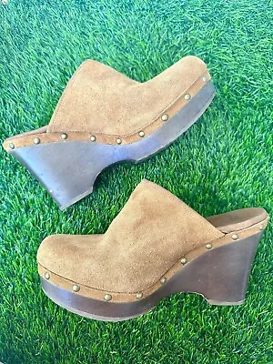 UGG Marsalis 1004261 Camel Brown SUEDE Wedge Clog Comfort Shoes WOODEN SZ 10 • $28.95