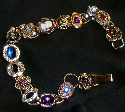 Vintage Slide Charm Bracelet-Cameo Charm-Rhinestone Smooth Stone-Estate Jewelry • $56.99