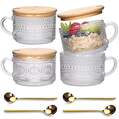Vintage Coffee Mugs 4pcs Set Clear Embossed Tea Cups With Bamboo Lids And Spoons • $25.31