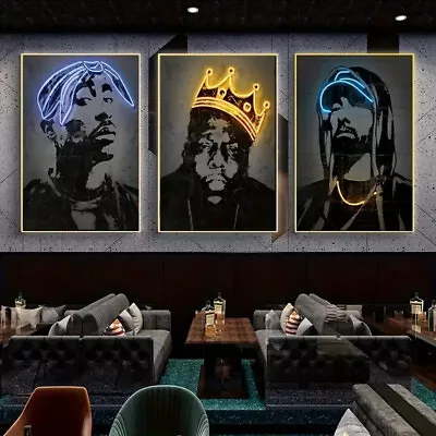 Canvas Neon Poster Hip Hop Rapper Singer Wall Art 2pac Biggie Eminem Prints 3Pcs • $34.99