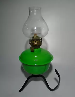 Unusual Vintage 3 Leg Green Aluminium Font Oil Lamp British Brass Burner Handle • £21.95