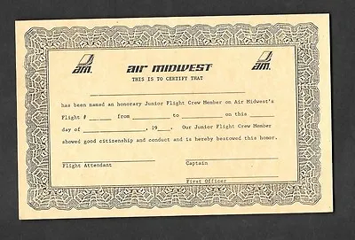 Air Midwest Airlines Junior Flight Crew Certificate • $5.95