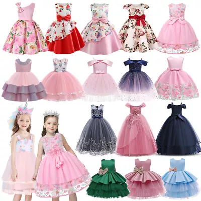 Kids Flower Girls Bridesmaid Dress Party Wedding Birthday Princess Lace Bow Gown • £12.49