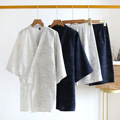 Japanese Pajamas Set Men Cotton Striped 3/4 Sleeve Kimono Top Shorts Sleepwear • $33.76