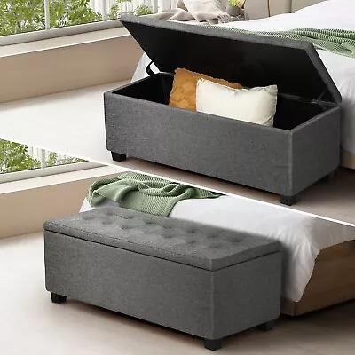 Oikiture Storage Ottoman Blanket Box Faux Linen Chest Toy Foot Stool LARGE Grey • $130.90