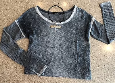 T PARTY Gray Waffle Knit Thermal Drop Shoulder Raw Edge Bleached Top Sz M • $13.95