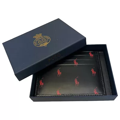 Polo Ralph Lauren Black Red Leather Wallet Slim Card Case Pony Logo Print $75 • $50.99
