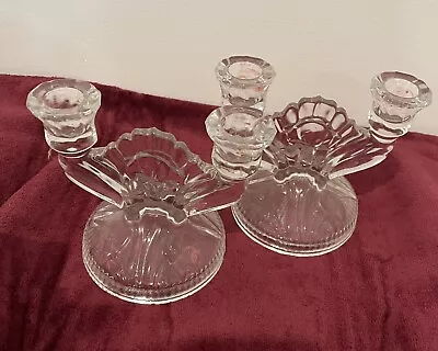 Vintage Jeanette Double  CandleHolders Clear Glass Cosmos Crystal Set Of 2 • $7