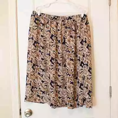 (Women's 18W Approx) Vintage Midi Skirt Navy Or Black Tan Floral Botanical 90s • $24