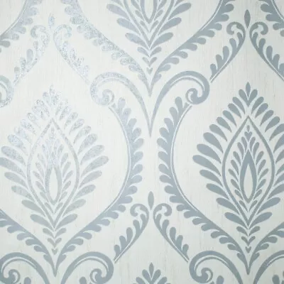 Crown Estelle Damask Miineral Blue Wallpaper M1757 - Vinyl Textured Glitter • £15.49