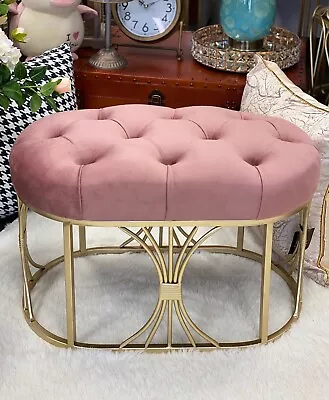 Oval Shaped Tufted Velvet Stool With Gold Metal Base- Peach Pink 60x35x39H • $98