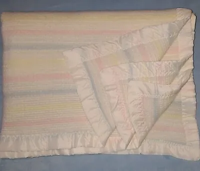 Vtg Stripe Baby Blanket Waffle Weave Acrylic Satin Trim Thermal Made In USA • $38