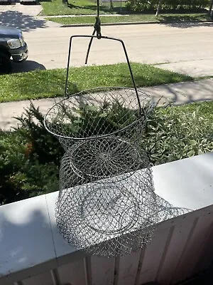 Vintage Fishing Fish Keeper Net Live Bait Metal Wire Basket Cage Collapsible • $17.99