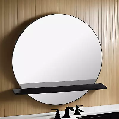 Black Round Bathroom Mirror With Cosmetics Shelf Wall Mounted Metal Frame • £34.99