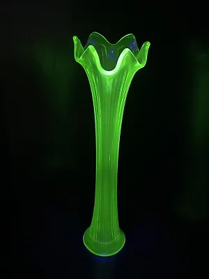 Antique Vintage Fenton 13.5” Green Vaseline Uranium Glass Swung Vase Art Deco • $64