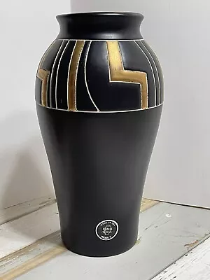 Vintage Harris Potteries Chicago IL Black Matte / Cairo Gold 14  Tall Vase • $75