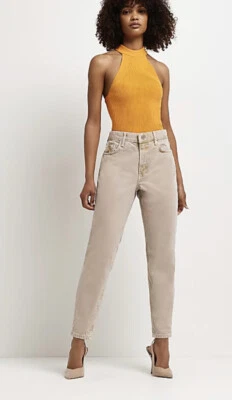 £21.90 • Buy River Island Womens Beige Denim Carrie High Rise Mom Jeans UK 12R BNWT! RRP £42