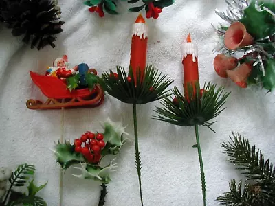 19 Vintage Christmas Floral Picks Santa Bells Candles Pinecones Holly 1950s • $12.99