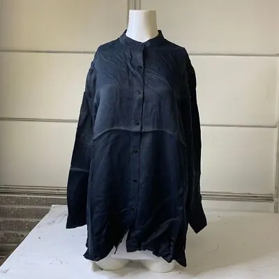 EILEEN FISHER Silk Mandarin Collar Boxy Shirt Women's Size Large Black • $148.50