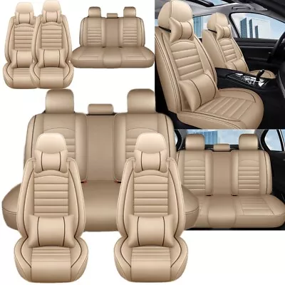 5-Seats Car Seat Covers PU Leather Front + Rear Cushion Full Set Universal Beige • $85.40