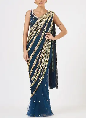 Georgette Silk Sequins Saree Bollywood Party Wear Blue Designer Sequence Sari • £29.99