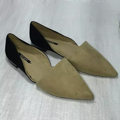 Used Zara Basic Tan Black Soft Suede Point Toe Slip On Womens Flats Shoes Sz 36 • $16.50