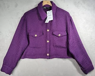 Zara Jacket Top Womens Sz XL Purple Gold Buttons Chest Pockets Long Sleeve • $39.95