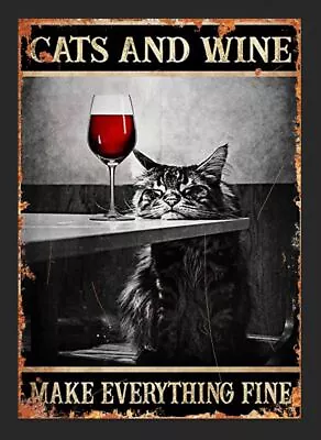 Cat & Wine Metal Sign  Retro Metal Wall Plaque Art Wine Sign Cat Sign Humour Tin • £19.49