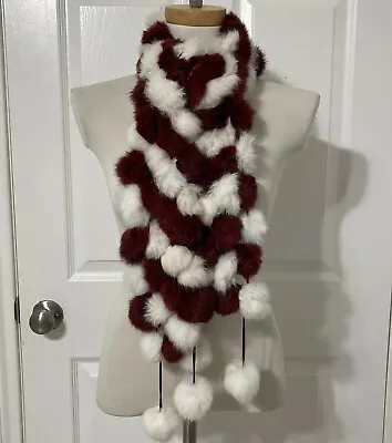 Vintage Authentic Rabbit Fur Scarf Maroon White Pom Pom Stole • $27.99