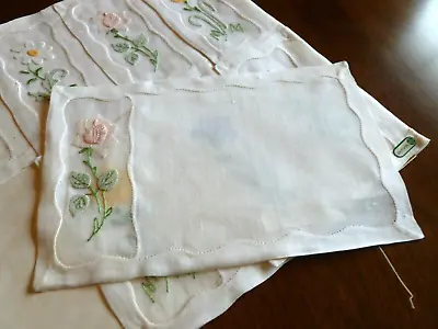 8 Lovely VTG MADEIRA  Cocktail Napkins W/Organdy Inserts Applique Flowers TAGS • $95