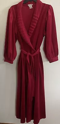 VTG Gillian O’Malley Red Velour Bath Robe Wrap Pockets Ballon Sleeve Made In USA • $31.20