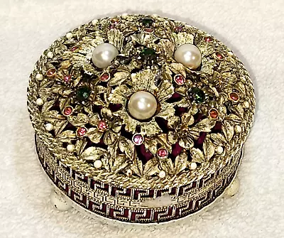 Vintage Florenza White Metal Rhinestone Faux Pearl 3  Lidded Trinket Box • $12.95