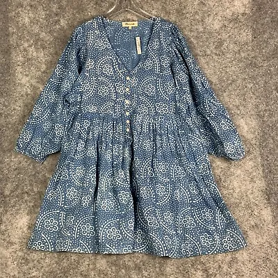 Madewell Mini Dress XL Indigo Paisley Floral Bubble-Sleeve Button-Front NEW $138 • $44.99