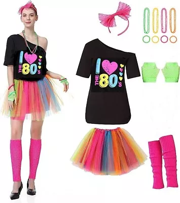 7PCS Women I Love The 80s Adult T-Shirt Neon TUTU Necklace Costume Cosplay Party • $37.98