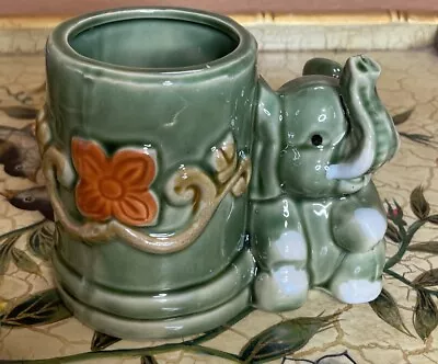 Elephant Majolica Glazed Green Planter Trunk Up Floral MCM Vintage • $14.99