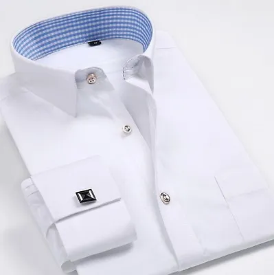 Mens Dress Shirts Clothes Slim Fit French Cuff Formal With Cufflinks Shirts Tops • £22.01