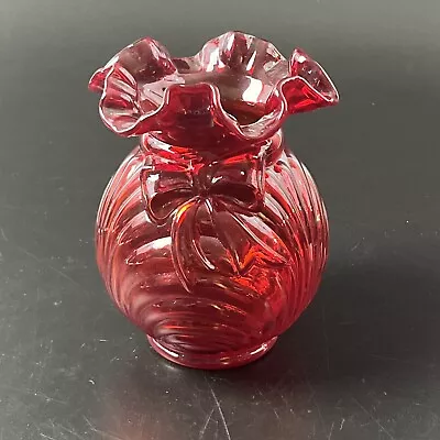Vintage Fenton Art Glass Cranberry Caprice Bow Vase 6.5” Ruffled Edge 1992 • $24.99