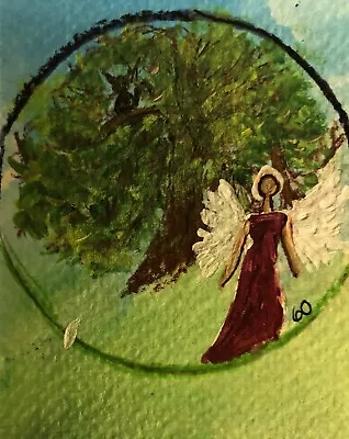 ACEO Original Angel Loving Protecting Spiritual Tree Of Life Linda's Art Angels • $5