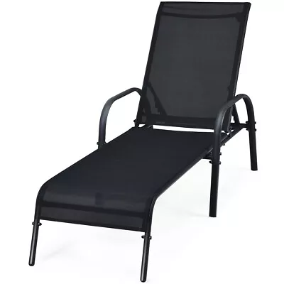 Outdoor Lounge Chair Chaise Patio Fabric Adjustable Reclining Armrest Pool Black • $119.99