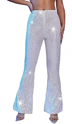 Womens High Waist Casual Loose Sparkle Sequin Shiny Wide Leg Flare Palazzo Pant • $13.88