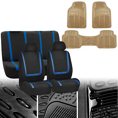 Car Seat Covers Blue Black Full Set For Auto W/Heavy Duty Floor Mats 2 Headrest • $47.99