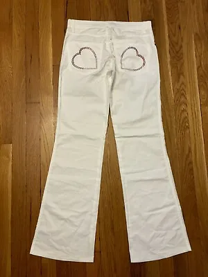 Vintage Y2K 90s Moschino Jeans White Flare Red Heart Rhinestone Pants Trouser 28 • $75