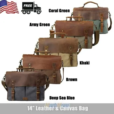 Men Vintage Leather Canvas 14'' Laptop Schoolbag Satchel Shoulder Messenger Bag • $38.99