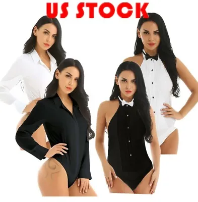 $5.07 • Buy US Sexy Womens One-piece Bodysuit Tuxedo Shirt Bow Tie Backless Jumpsuit Tops 